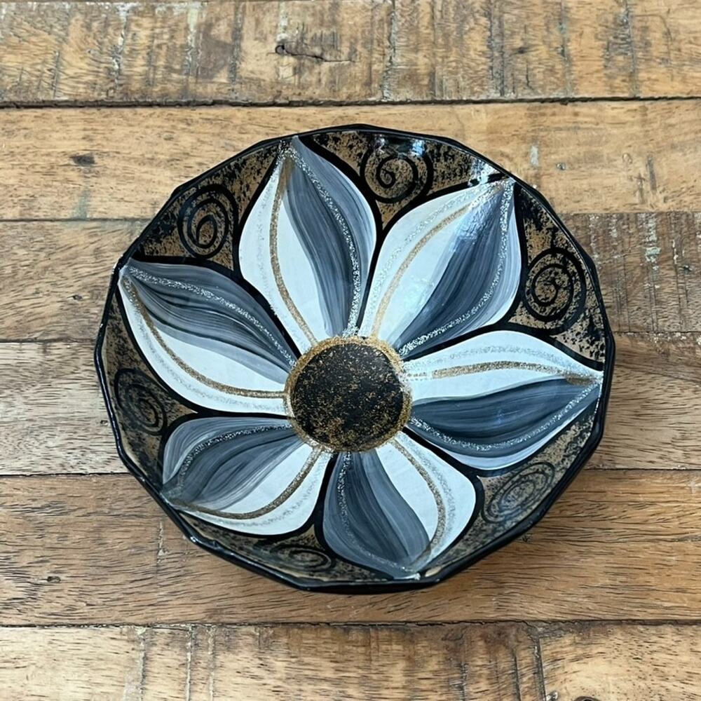 Stoneware Trinket Dish Footed Floral Hand Painted